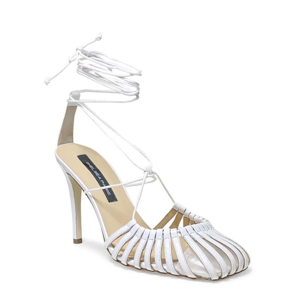 CHELSEA PARIS Womens White Strappy Finn Open Toe Stiletto Leather Pumps 38.5